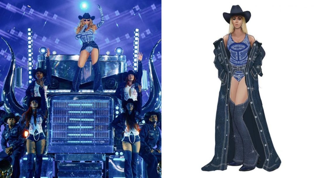 Beyonce Performed in a Blue Denim Telfar Set and Cobalt Blue Paisley ...